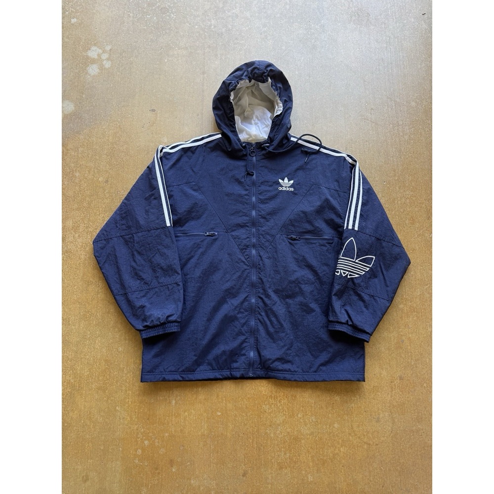 VTG 90s Adidas Trefoil Hooded Zip Up Nylon Puffer Windbreaker Track Jacket (L)